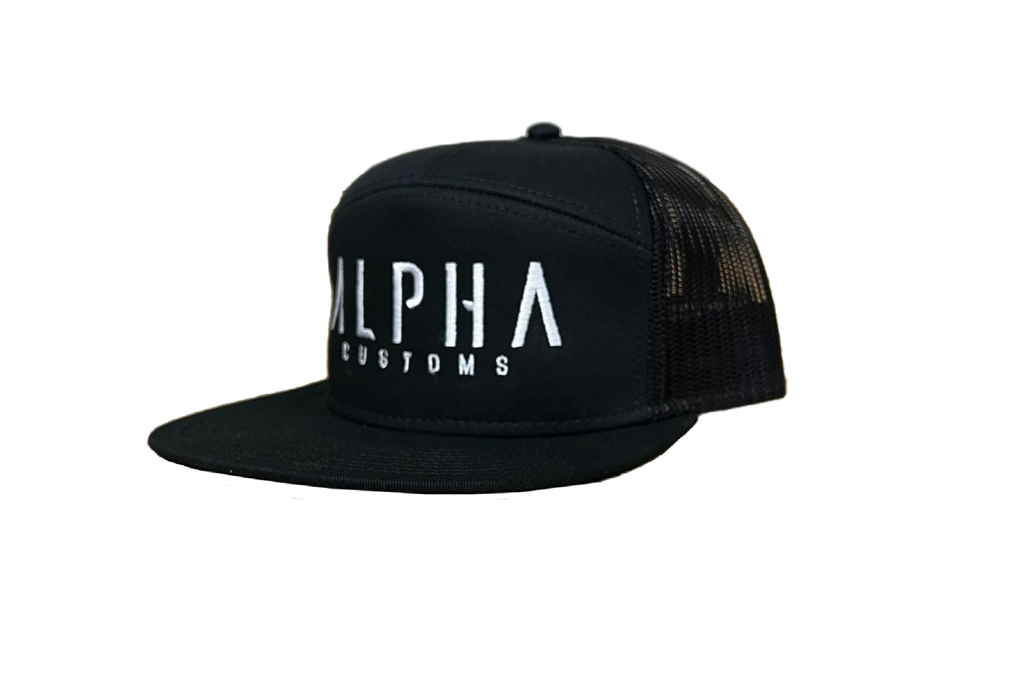 White Logo Black Trucker Hat – Alpha Customs